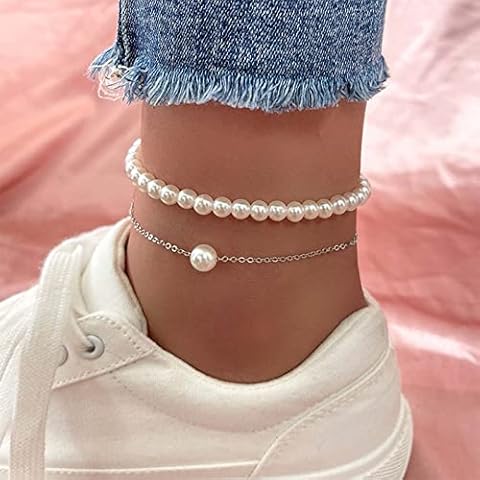 Yienate Silver Pearl Anklet Ankle Bracelet Pearl Pendant Beach Layered Anklet Fashion Adjustable Feet Chain Jewelry Gift for Women and Girls Cover