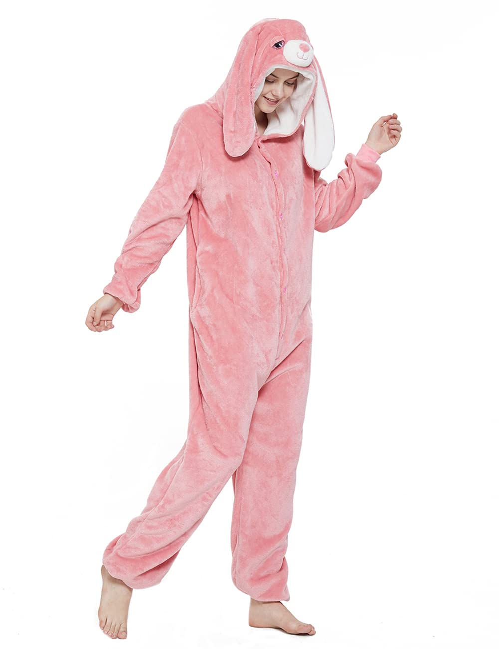 ABENCA Pijama de unicornio de lana para mujer, disfraz de una sola pieza para adultos, de dibujos animados, Navidad, Halloween, cosplay,, Conejito rosado, XS