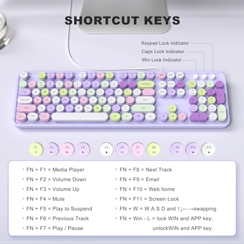 Image of MOFII Colorful Computer Keyboard Wired, Cute Full Size Keyboard Typewriter Style, USB Keyboard with Foldable Stands for Windows, Laptop, Desktop, PC (Purple Colorful)