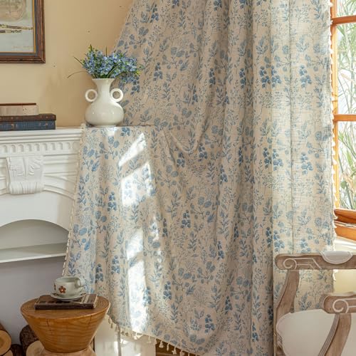 OYX Blue Floral Sheer Curtains for Girls Room,52x84 Inch 2 Panels