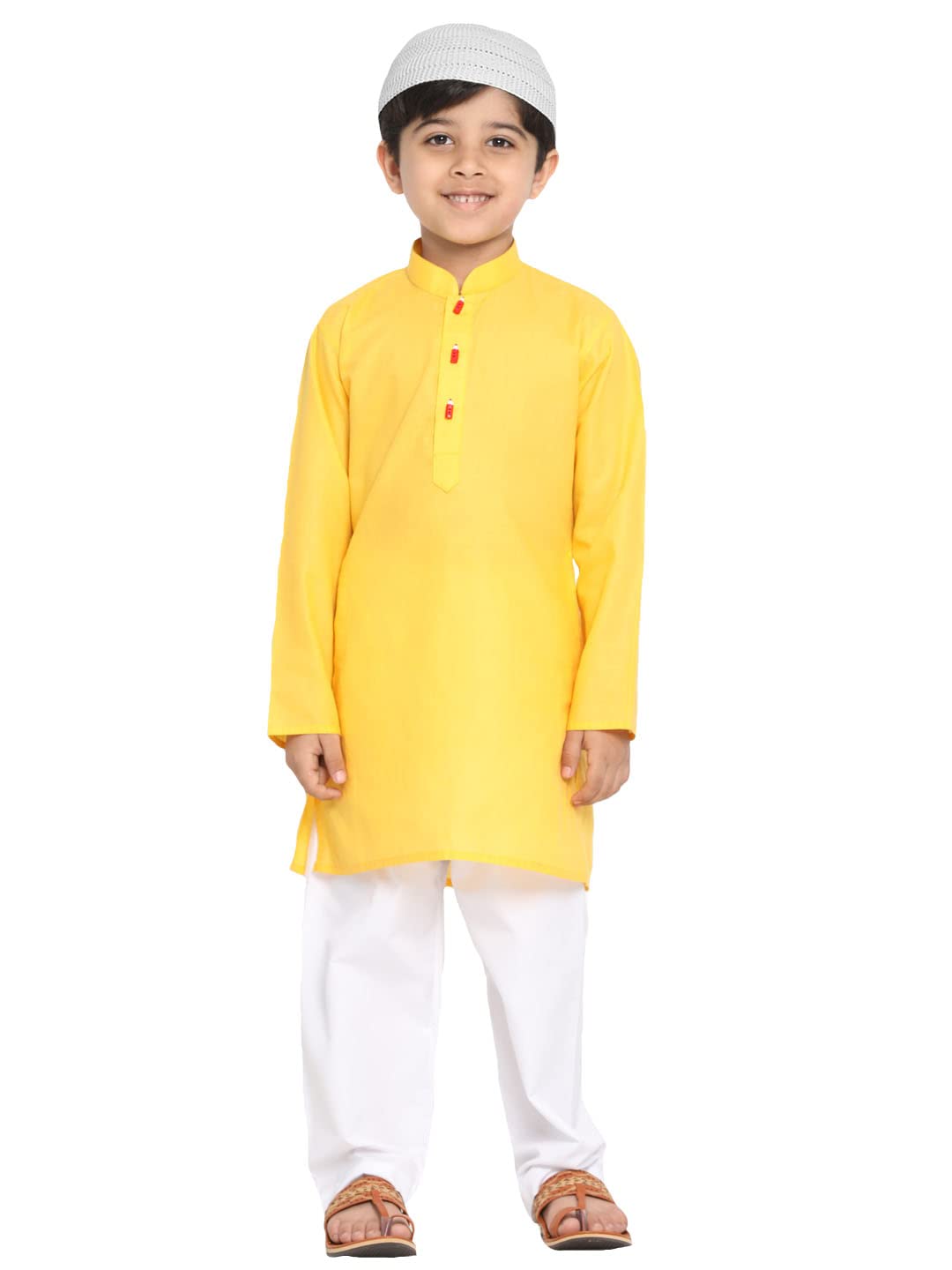 Jbn Creation Boys' Yellow Cotton Blend Kurta Pyjama And Cap Set (Jbnbk066Ywnpwhnc_20 White_2 3 Years)