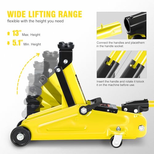 Image of PM PERFORMOTOR Low Profile Hydraulic Trolley Service /Floor Jack, 2 Ton (4000 lbs) Capacity, Lifting Range 5.1 inch-13 inch, Yellow,PM-TOL-FJ20-YL