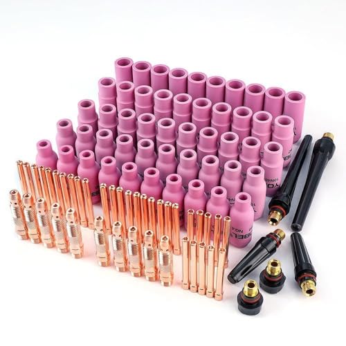 96pcs TIG Consumables Kit for PTA DB SR WP-17/18/26 Torch, Includes 50 Alumina Cups (10N46-10N50), 10 Gas Lens Bodies (10N32, 10N28), 30 Copper Collets (10N22, 10N24, 10N25), & L/M/S Back Caps