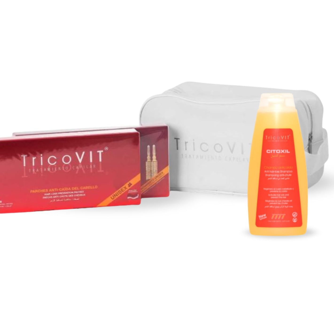TricoVIT Pack Anticaída Cabello Hombre y Mujer – 10 Ampollas Anticaída + 28 Parches Capilares + Champú Anticaída + Neceser | Tratamiento Capilar Completo para Frenar la Caída y Fortalecer el Pelo