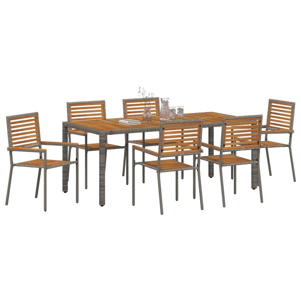Polirattan nowoczesny zestaw ogrodowy Akacja 7 elementów Szary 190 cm | Zestaw do jadalni w ogrodzie 7 pcs Szary i brązowy polirattan, nowoczesny mebel tarasowy, stół i 6 krzeseł z akacji,