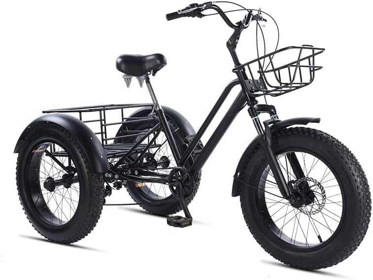 Triciclo para adultos con engranaje de 7 velocidades y neumáticos 4.0, con cestas de la compra y guardabarros para un crucero cómodo y mandados