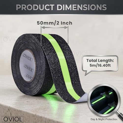 Image of OVIOL Anti Slip Tape for Stairs (2 Inch x 16.4 Ft) Waterproof Heavy Duty Glow in The Dark Anti Skid Tread Strip for Indoor & Outdoor Granite Steps