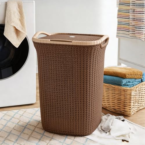 Image of PrettyKrafts Rattan Style 60L Plastic Knit Laundry Basket - Dark Beige, Durable Toy Storage Basket Clothes Storage Organizer for Home & Bathroom, (61x45x35cm)