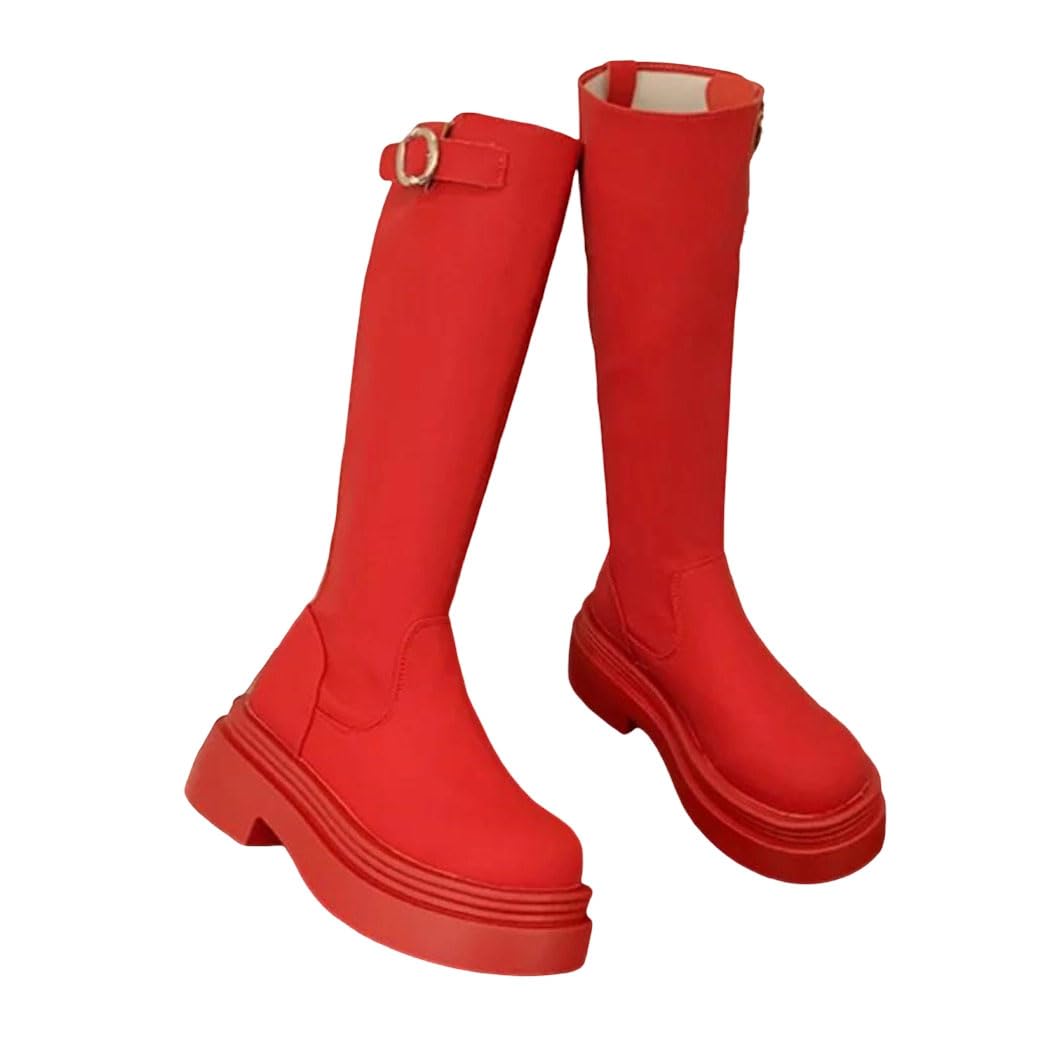 Womens Pointed Toe Knee High Boots Elegant Party Long Heel Shoes Red