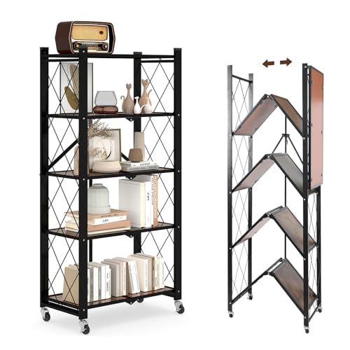 Image of 5 Tier Folding Shelf with Wheels, Wood and Metal Bookshelf