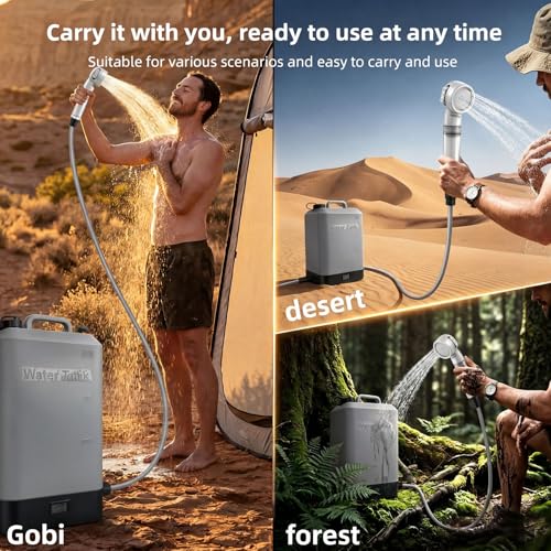 Tanque de agua de silicona de 4.5 galones, ducha portátil para camping, carga USB, con cabezal de ducha, ducha portátil eléctrica integrada, termómetro incorporado, apta para senderismo, viajes, playa y mascotas miniatura 2