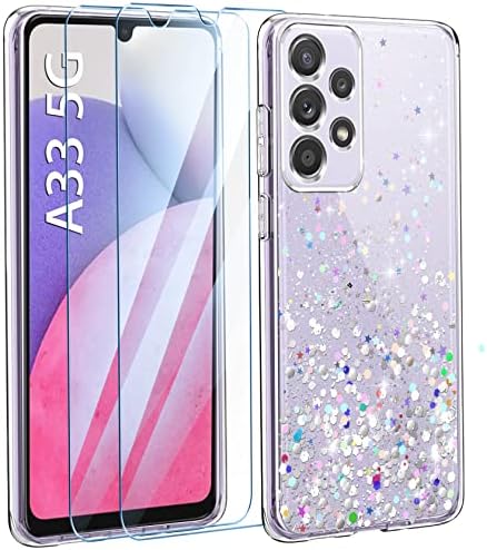 Leathlux Clear Glitter Case Compatible with Samsung Galaxy A33 5G with 2 Screen Protector, TPU Silicone Sparkly Bling Star Soft Cover Flexible Transparent Shockproof Cover