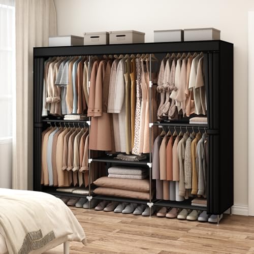 83" Portable Wardrobe Closet for Bedroom, Freestanding Clothes Rack Organizer with Dust Cover, 5 Hanging Rods & 6 Storage Shelves, Black - Image 2