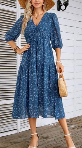 Kormei Women's Casual 3/4 Sleeve Summer Dress Boho Floral Print V Neck High Waist Long Party Beach Flowy Maxi Dresses4