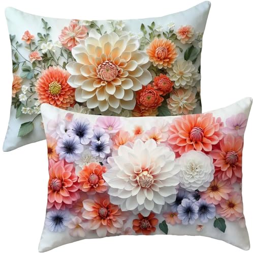 Flower Cushion Covers 50 x 70 Velvet Sofa Cushions Pack of 2 Colorful Cushion Cover, Outdoor Cushions Waterproof, Throw Pillow Covers for Sofa Bed Garden Balcony, Spring Decor, Outdoor Decor i-419