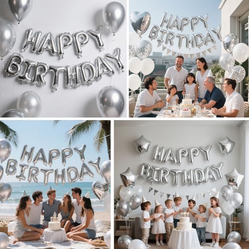 Image of Silver Happy Birthday Balloon Banner Set -16 Inch Foil Letters Balloons, Reusable Birthday Decorations and Party Supplies, Suitable for Men and Women's Birthday Decorations,Party Backdrop