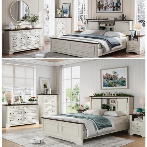 BLANKSPACE Antique White Dresser for Bedroom, Farmhouse 7 Chest of Drawers Cabinet Organizer with Carved Design