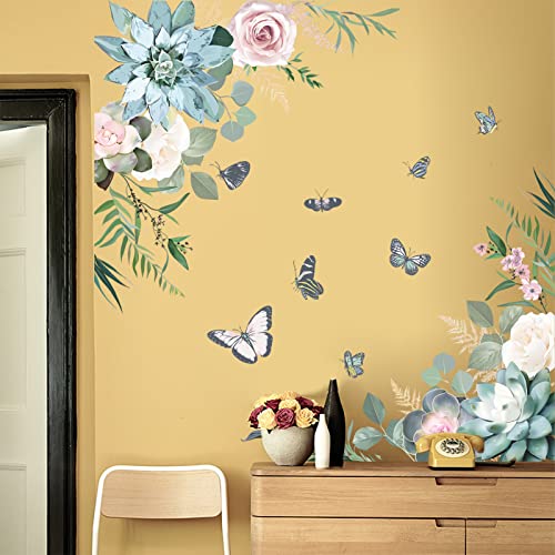 2 Sheets Butterfly Succulents Wall Stickers Green Flower Wall Decals Removable Colorful Floral Wall Mural For Baby Nursery Girls Bedroom Classroom Living Room Home Wall Decor #TOP22