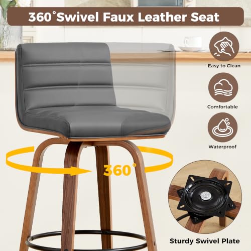 Image of Swivel Bar Stools Set of 1,26 inch Faux Leather Counter Height Barstools with Back,Mid Century Modern Upholstered Bar Chairs with Bentwood Legs Island Stools for Kitchen Counter Darkgrey