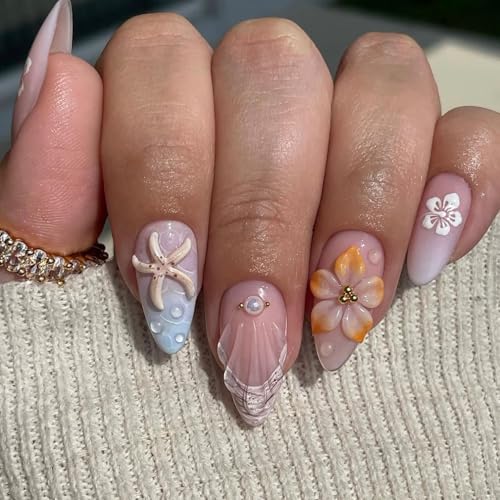 24Pcs Summer Press on Nails Medium Almond Fake Nails with 3D Star...
