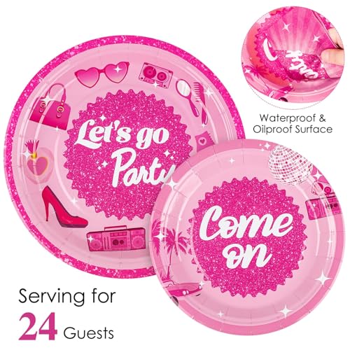 durony 96 Pieces Let's Go Party Supplies Serve 24 Guests Hot Pink Birthday Paper Plates Disposable Paper Napkins Forks Bachelorette Decorations for Birthday Disco Pink Girl Party Decorations - Thumbnail 3