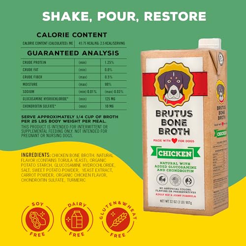 Image of Brutus Chicken Broth for Dogs - All Natural Chicken Bone Broth Liquid with Chondroitin Glucosamine Turmeric -Human Grade Food Toppers for Picky Eaters & Dry Food -Tasty & Nutritious- Pack of 6
