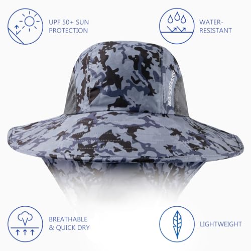 Image of BASSDASH UPF 50+ Unisex Water Resistant Wide Brim Sun Hat with Large Neck Flap Ponytail Fishing Hat for Men Women