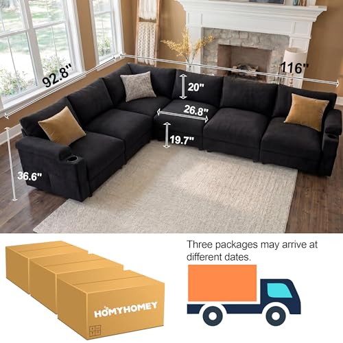 Image of Sectional Couches for Living Room FSC Certified Chenille Modular Couch Oversized Cloud U Shaped Convertible Sleeper Sofa Chaise Detachable Armrest Cushion (Chenille Black, L Shape 6 Seat)