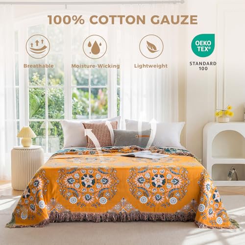 Image of LUTBM Boho Throw Blanket for Bed 60 inchx80 inch, 100% Cotton Yellow Couch Blankets