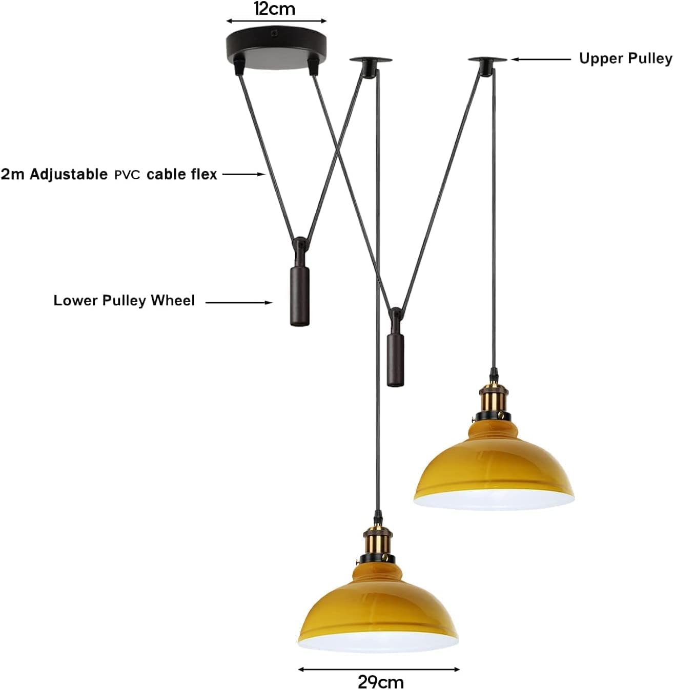 LEDSone Lámpara colgante de araña de 2 cabezas, pantalla metálica de 29 cm, cable ajustable de 195 cm, casquillo Edison vintage E27 de 60 W, iluminación industrial retro. (Amarillo)