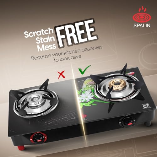 Image of 2 Burner Glass Top Gas Stove | Manual Ignition | Floral Crystal Toughened Glass Design | ISI Certified | High Efficiency Burners | Easy Clean Countertop Gas Stove for Kitchen