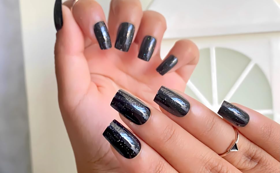 Image of Black Glitter Press On Nails | Glossy Square Fake Nails with Sparkle | Reusable Stick On Nails Kit with Glue, File & Prep Pad | Salon Finish Artificial Nails for Women