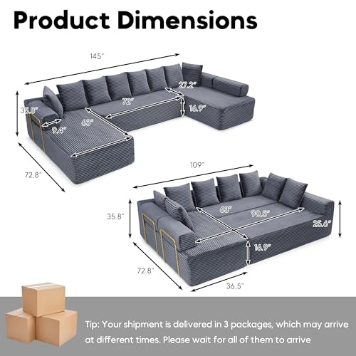 Image of Oversized Cloud Boneless Couch with Chaise, 145 inch Modern U Shape Modular Deep Seat Sectional Sofa, Comfy Corduroy Upholstered Couches for Living Room, No Assembly Required, Grey