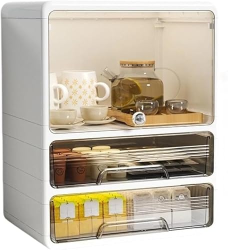 AZIEBAY ミニ食器棚 透明扉付き防?防湿 1-3 層多段選択 カップ・カトラリー・化粧品・小物収納 仕切り付き大容量 キッチン家庭用シンプルデザイン