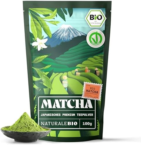 NaturaleBio Matcha Tee Pulver Bio - Premium-Qualität - 100g. Original Green Tea aus Japan. Japanischer ideal zum Trinken. Grüntee für Latte, Smoothies Getränk. Hergestellt in Uji, Kyoto.