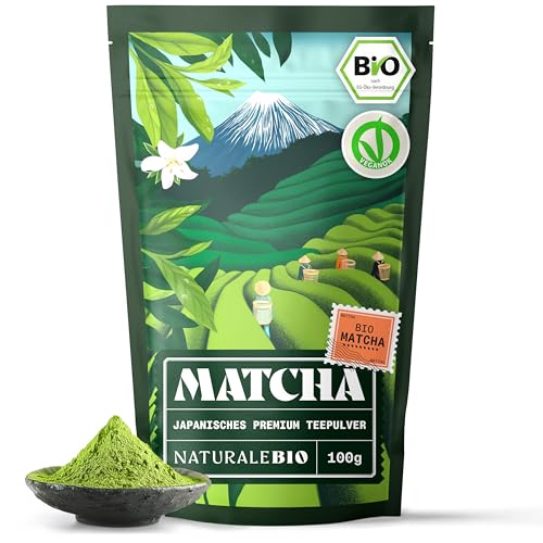 NaturaleBio Matcha Tee Pulver Bio - Premium-Qualität - 100g. Original Green Tea aus Japan. Japanischer ideal zum Trinken. Grüntee für Latte, Smoothies Getränk. Hergestellt in Uji, Kyoto.
