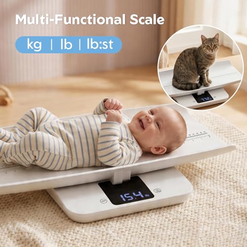 Image of MomMed Baby Scale with Height Measuring Tape - Digital Smart Scale for Infant Weight with Hold & Lock Function, Auto Shut-Off, LED Display - Multi-Function Scale for Newborns, Adults, Cats, Dogs