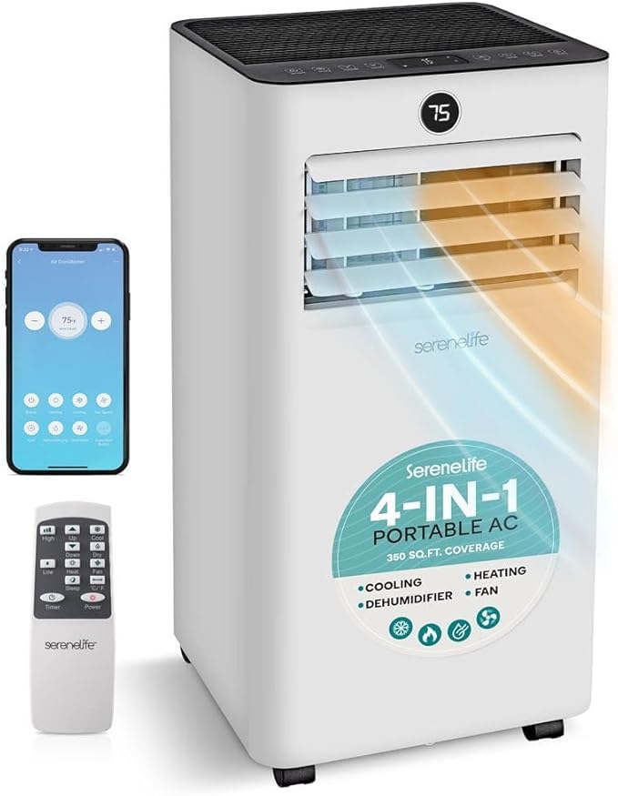 SereneLife czarny przenośny klimatyzator 7000 BTU 2,0 kW do 28 m² – klimatyzacja z rurą odprowadzającą powietrze, 3-w-1 z osuszaczem i wentylatorem, cicha praca 54 dB, w zestaw okienny i pilot