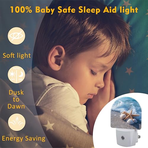 Image of Starfish and Seashells on Beach Night Light for Kids,Summer Beach Ocean Waves Plug in Night Light with Dusk to Dawn Sensor, 0.5w Energy Saving Nightlight for Hallway Stairway Kitchen Bedroom