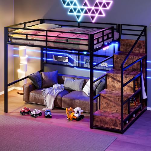 Sapgaks Lit Mezzanine 140 x 200 cm, lit Double en Fer avec lumières LED 7 Couleurs et Armoire, lit Mezzanine avec escalier de Rangement, avec Grille...