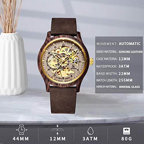 Image of IK COLOURING Men's Watches Luxury Mechanical Wooden Case Skeleton Lumious Automatic Self-Winding Lightweight Genuine Leather Bracelet /Wood Band Wrist Watch