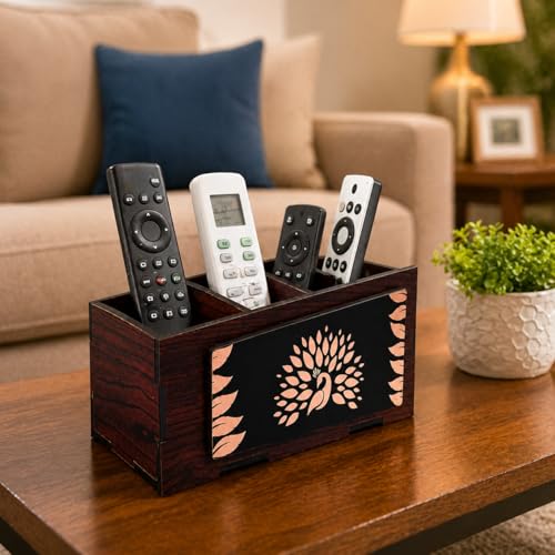 Image of Zesta Wooden Desk Organizer Pen Stand Remote Holder Card Slot | Table Accessory Office Desk Study Room | Pencil Storage Stand Stylish Workspace Decor (Pen Holder with Peacock Print)