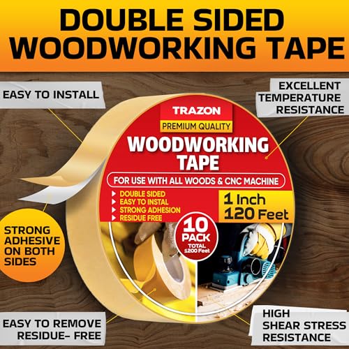 Image of Trazon Double Sided Woodworking Tape Super Strong, 10 Pack, 1 Inch x 120 Feet, Wood Crafter Sticky Tool, Two Side Adhesive for Router Templates and CNC Machine, Removable & Residue Free