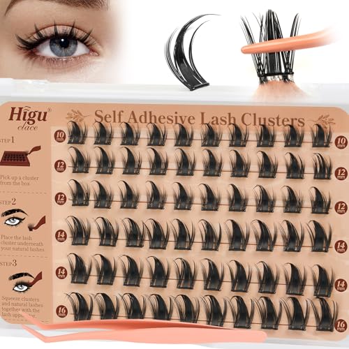 Higu clace Self Adhesive Eyelashes Volume Pre Glued Manga lash clusters kit Mix 10-16mm, Preglued Eyelash No Glue Needed Easy to Use, DIY Eyelash clusters(R)