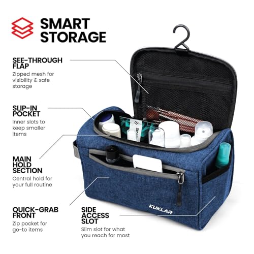 Image of KUKLAR Large Travel Toiletry Bag for Men, Water-Resistant Canvas Dopp Kit with Front Zipper Pocket, Portable Bathroom Hygiene & Grooming Organizer Bag for Vacation & Gym(Navy Blue)