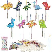 Meanju Dinosaurier Holz Bastelset 10 Stück, Windspiel Bastelset Kinder, Windspiel Basteln Kinder mit Pinsel/Edelsteinaufkleber, Windspiel aus Holz Basteln, DIY Kinder Malen Handwerk