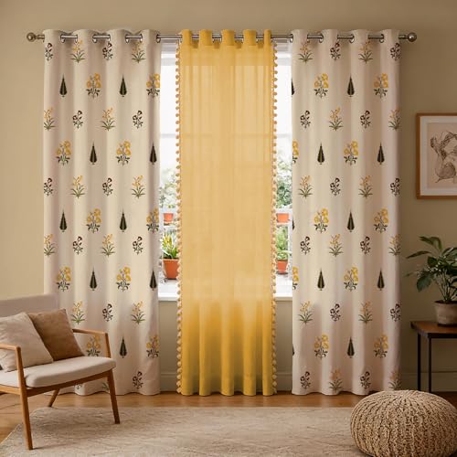 Image of Urban Space Printed 100% Cotton Curtain for Window, Cotton & Sheer Combo Set of 3 Curtains 5 Feet Long, Tieback & Eyelets Included with Curtains for Room Darkening (High Garden & Yellow pom pom)