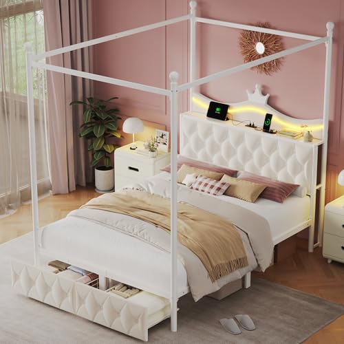 Keyluv Full Size Upholstered LED Canopy Bed Frame with Charging Station and Drawer, Button Tufted Crown Headboard with Storage Shelf, Two-Purpose Removable Four Poster Design Platform Bed, Beige - Thumbnail 7