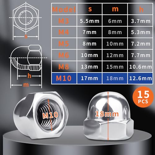 SWTYExt 15 Pcs Nut Caps M10 Dome Cap Nuts A2 V2A Metric 304 Stainless Steel Acorn Dome DIN 1587 Thread Hex for Motorcycle Bicycles Furniture Lighting Saddle - Image 3