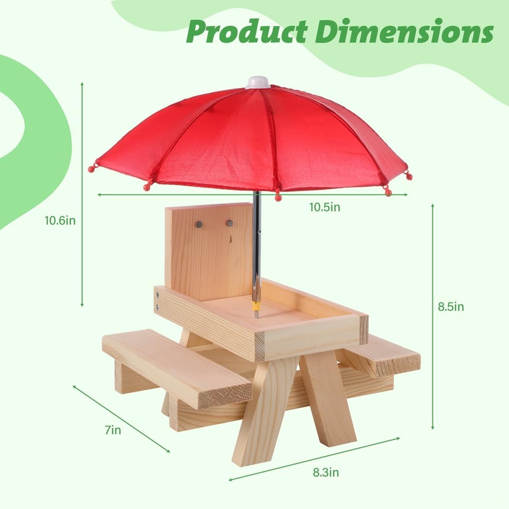 Wooden Squirrel Picnic Table with Corn Holder, Chipmunk Feeder with Umbrella and Benches, Stable Outdoor Dining Table for Squirrels